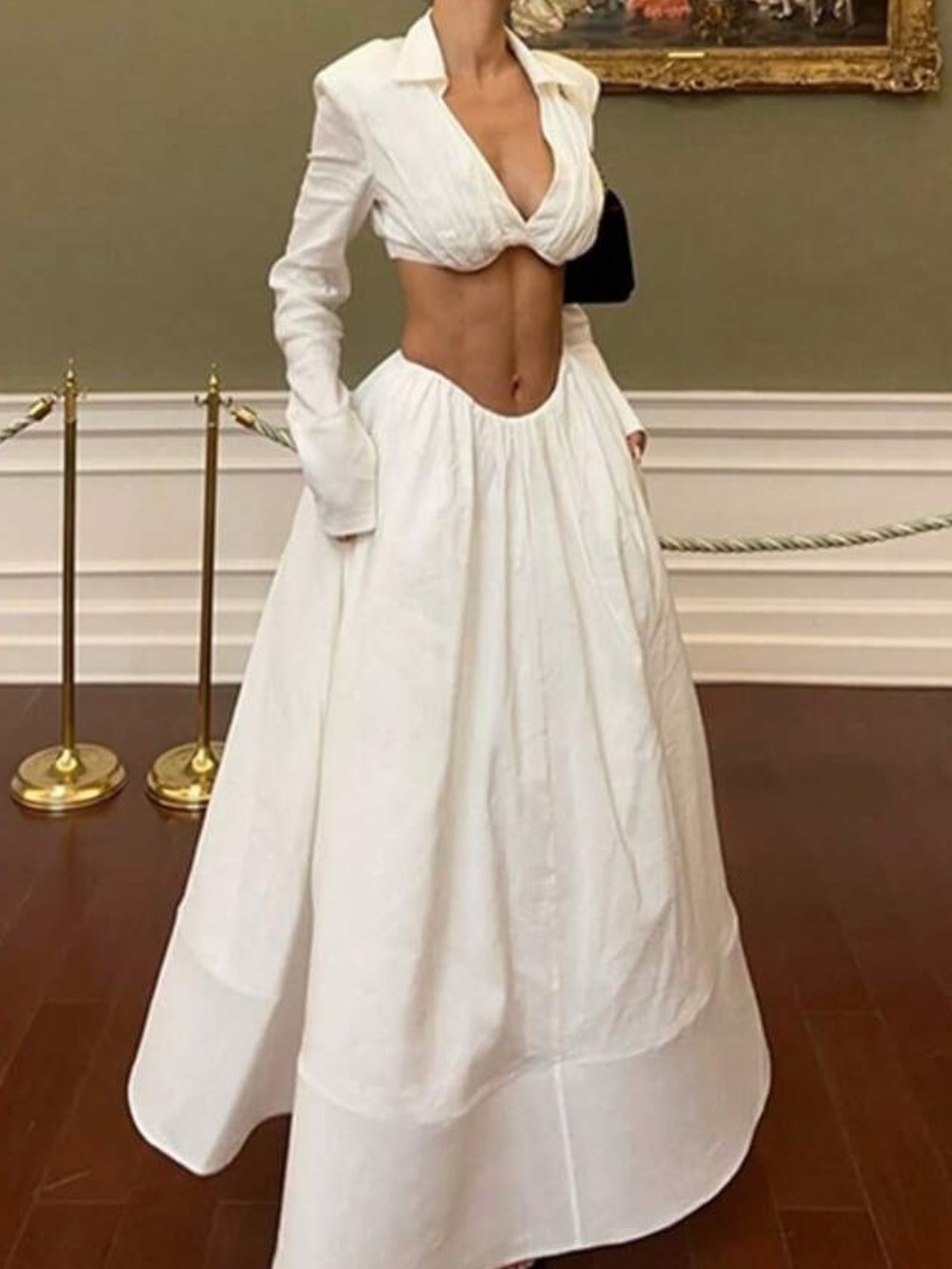 White Two-Piece Maxi Dress with Cropped Collared Top